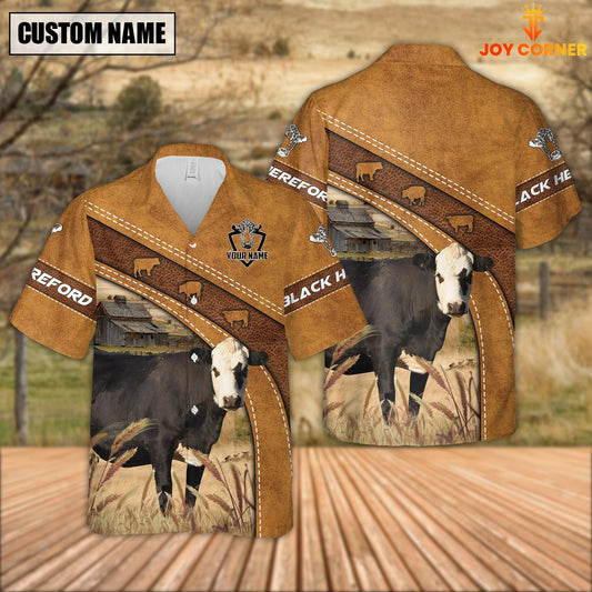 Joycorners Custom Name Black Hereford Leather Pattern Hawaiian Shirt