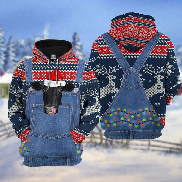 Joycorners Black Angus Cattle Christmas Knitting Pattern 3D Hoodie For Kids