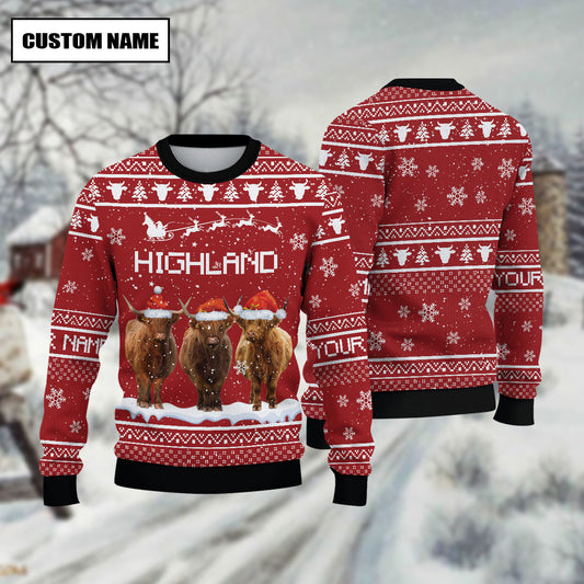 Joycorners Highland Cattle Custom Name Happy Xmas Sweater