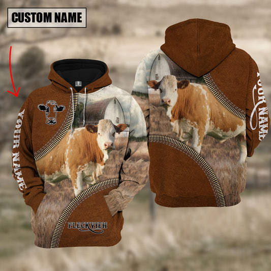 Joycorners Custom Name Fleckvieh Cattle Leather Zipper  3D Hoodie