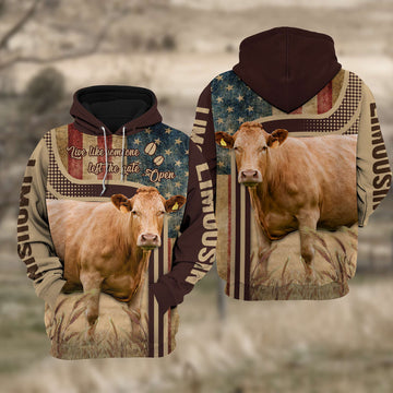 Joycorners Limousin Cattle 3D American Flag Quotation Hoodie