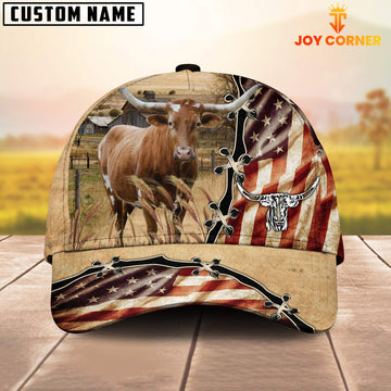 Joycorners Texas Longhorn American Flag Custom Name Retro Cap