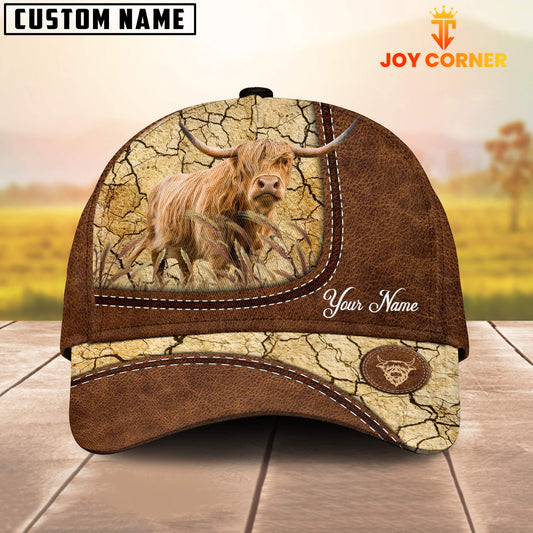 Joycorners Custom Name Highland Cattle Leather Pattern Brown Cap