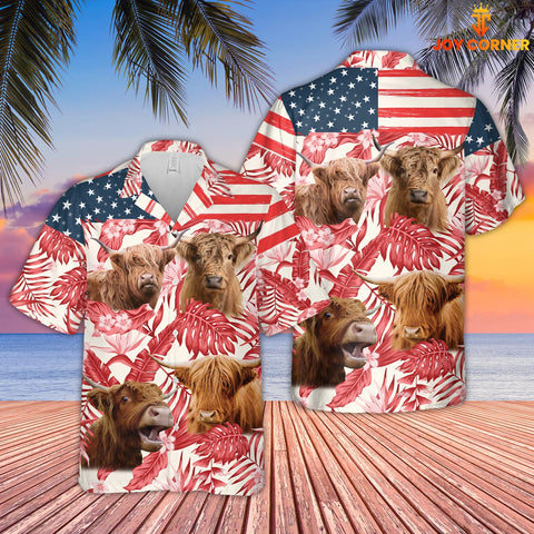 Joycorners Highland Red Floral US Flag 3D Hawaiian Shirt