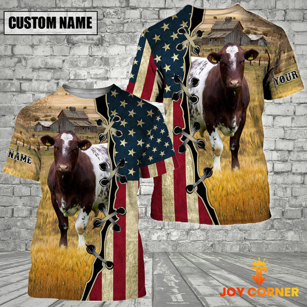 Joycorners Custom Name Shorthorn Cattle American Flag 3D Shirt