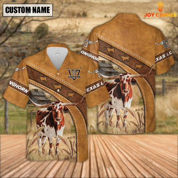 Joycorners Custom Name Texas Longhorn Leather Pattern Hawaiian Shirt