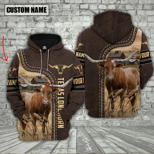 Joycorners Texas Longhorn Brown Leather Personalized 3D Hoodie