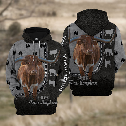 Joycorners Custom Name Texas Longhorn Cattle Walking 3D Hoodie