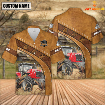 Joycorners Custom Name Red Tractor Leather Pattern Hawaiian Shirt