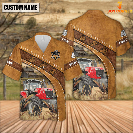 Joycorners Custom Name Red Tractor Leather Pattern Hawaiian Shirt