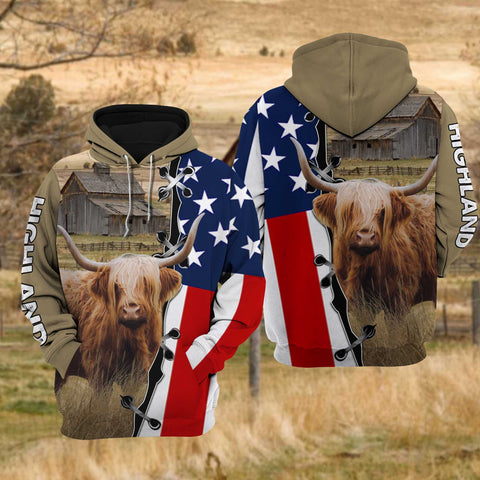 Joycorners Highland Cattle US Flag All Over Printed 3D Hoodie