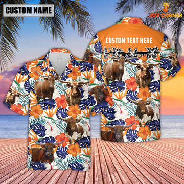 Joycorners Texas Longhorn Hibiscus Blue Floral Custom Name 3D Hawaiian Shirt