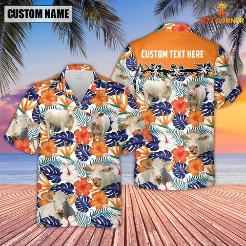 Joycorners Charolais No Horn Hibiscus Blue Floral Custom Name 3D Hawaiian Shirt