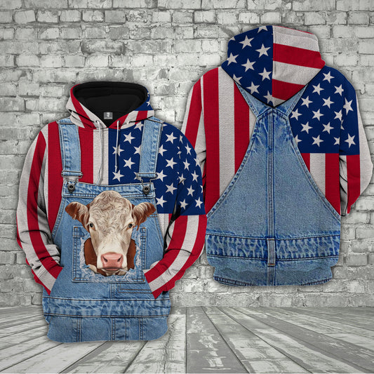 Joycorners Hereford Cattle US Flag Farm Personalized 3D Hoodie