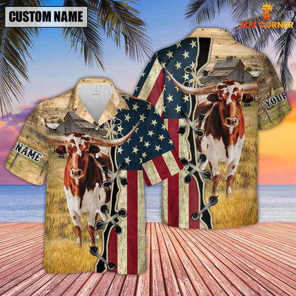Joycorners Custom Name Texas Longhorn Cattle American Flag 3D Shirt