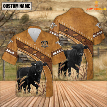 Joycorners Custom Name Black Angus Leather Pattern Hawaiian Shirt