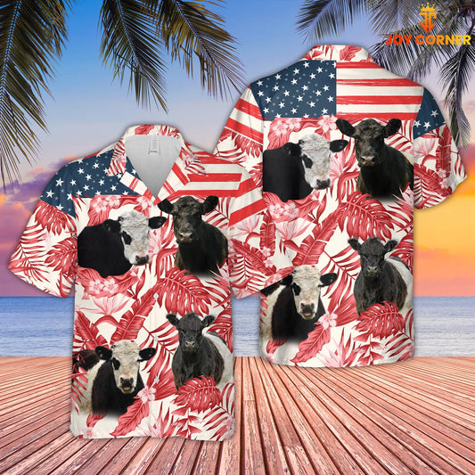 Joycorners Belted Galloway Red Floral US Flag 3D Hawaiian Shirt