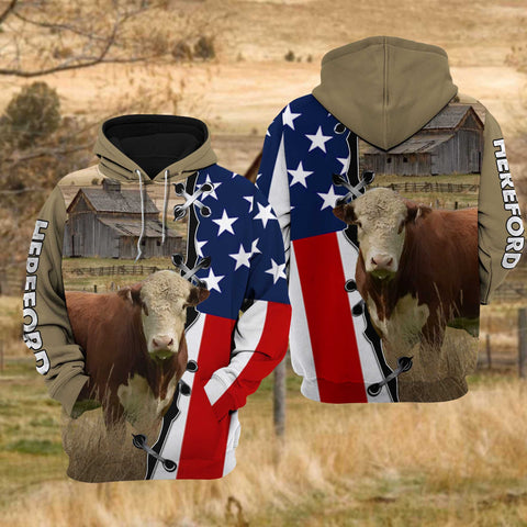Joycorners Hereford Cattle US Flag All Over Printed 3D Hoodie