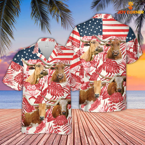 Joycorners Texas Longhorn Red Floral US Flag 3D Hawaiian Shirt