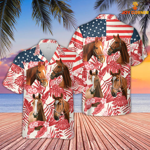 Joycorners Horse Red Floral US Flag 3D Hawaiian Shirt