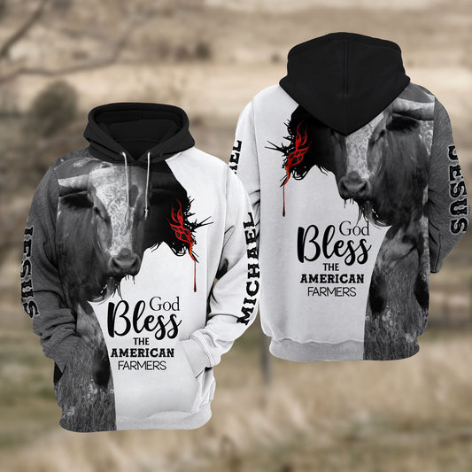 Joycorners Custom Name Tx-LongHorn Cattle Jesus Hoodie