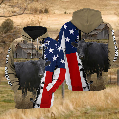 Joycorners Black Angus Cattle US Flag All Over Printed 3D Hoodie