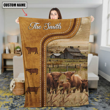 Joycorners Personalized Highland Cattle In Field Farmhouse Blanket