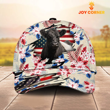 Joycorners Belted Galloway American Flag Flowers Pattern Cap