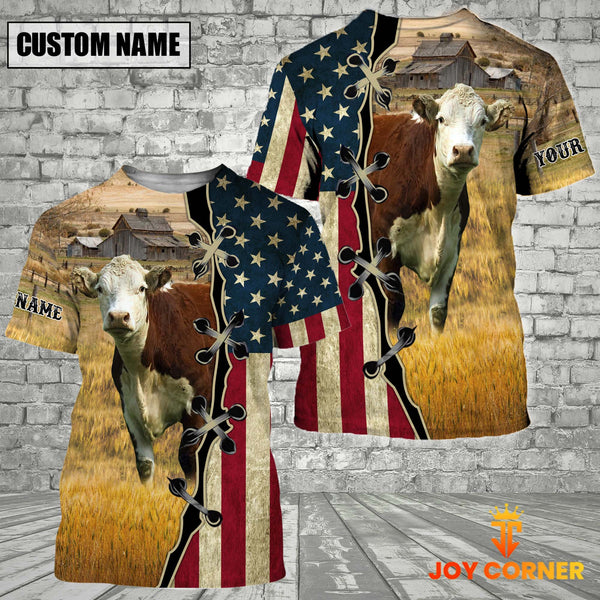 Joycorners Custom Name Hereford Cattle American Flag 3D Shirt
