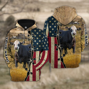 Joycorners Custom Name Black Baldy Cattle American Flag 3D Shirt