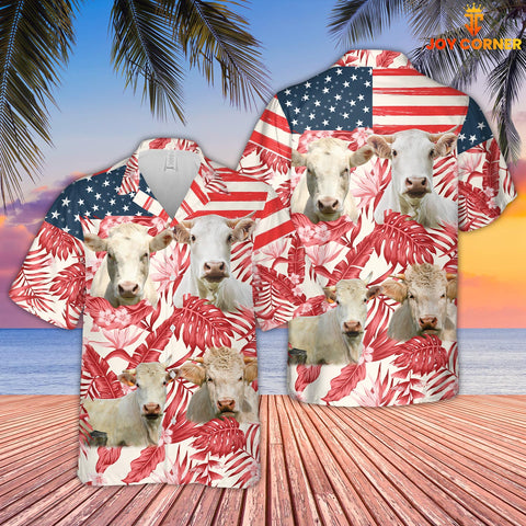 Joycorners Charolais Red Floral US Flag 3D Hawaiian Shirt