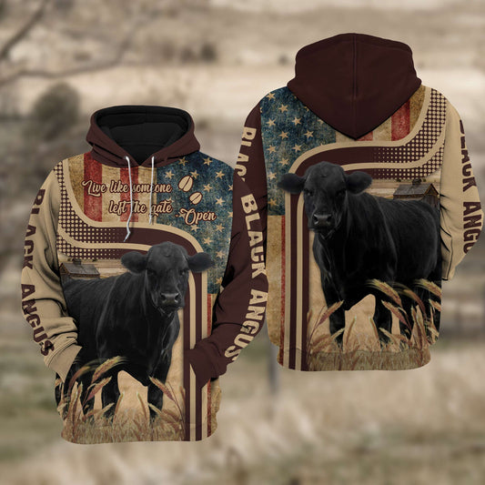 Joycorners Black Angus Cattle US Flag All Over Printed 3D Cattle Hoodie TT2