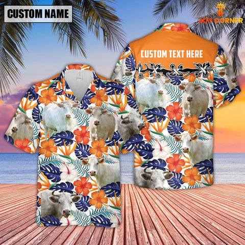 Joycorners Charolais Hibiscus Blue Floral Custom Name 3D Hawaiian Shirt