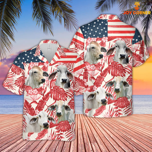 Joycorners Brahman Red Floral US Flag 3D Hawaiian Shirt