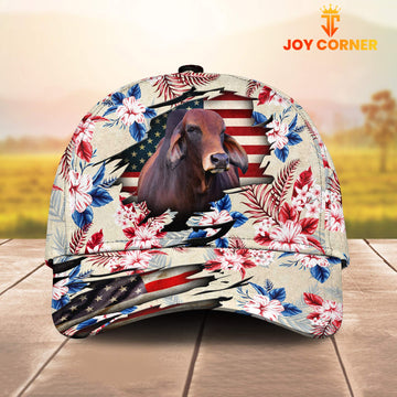 Joycorners Red Brahman American Flag Flowers Pattern Cap