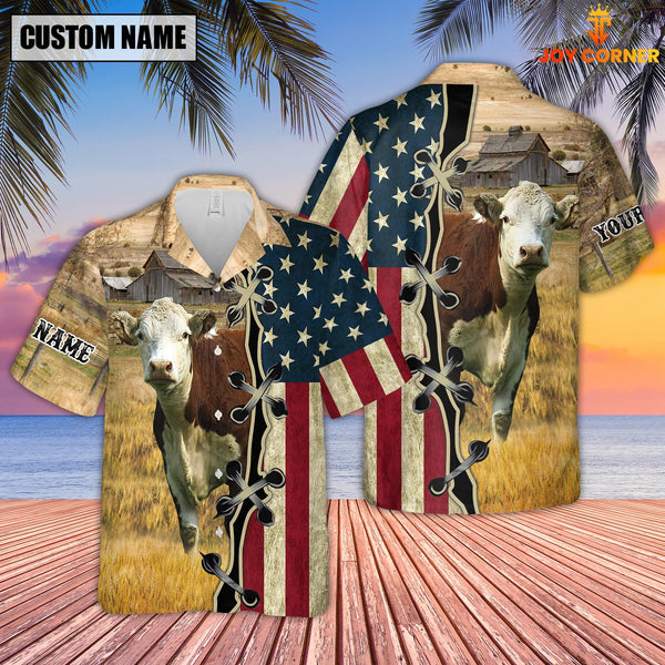 Joycorners Custom Name Hereford Cattle American Flag 3D Shirt