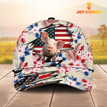 Joycorners Pig American Flag Flowers Pattern Cap