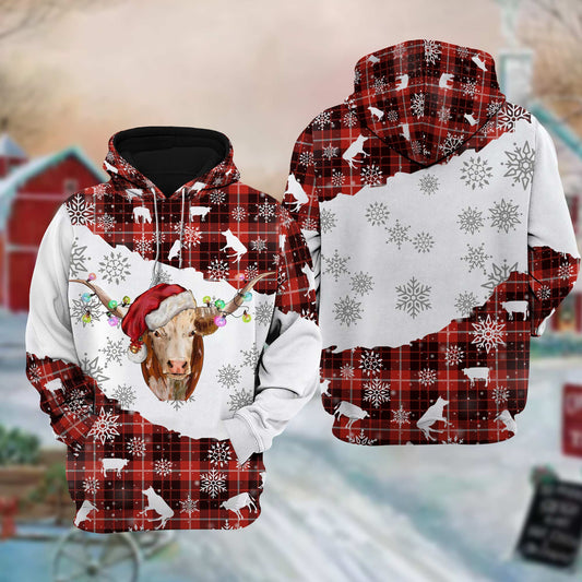 Joycorners Texas Longhorn 3D Xmas Snowflake Cattle Hoodie