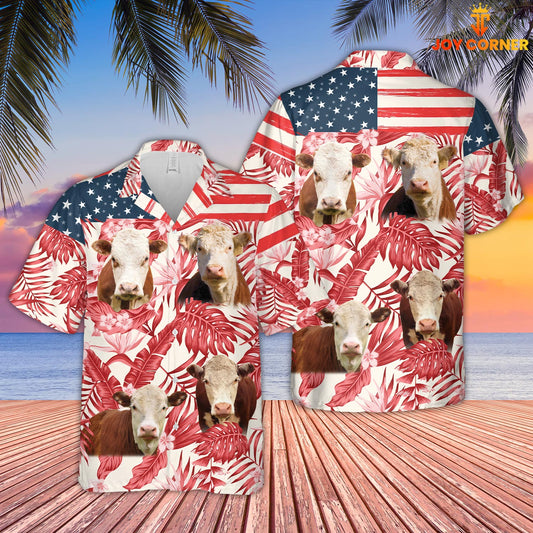 Joycorners Hereford Red Floral US Flag 3D Hawaiian Shirt