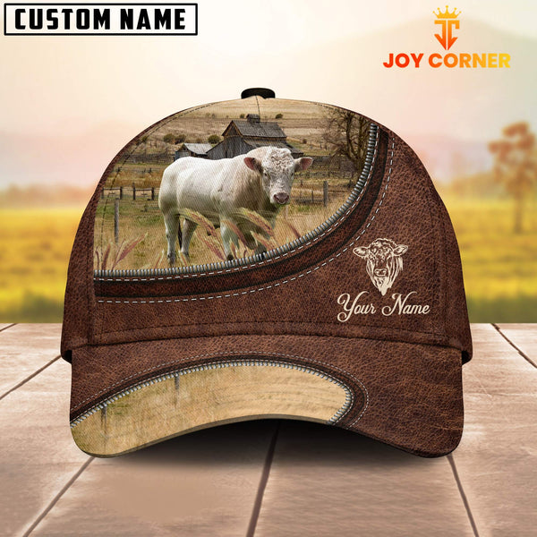 Joycorners Charolais Bull On The Farm Customized Name Leather Pattern Cap