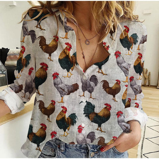 Joycorner Colorful Chicken Farm White Casual Shirt