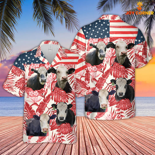 Joycorners Black Baldy Red Floral US Flag 3D Hawaiian Shirt