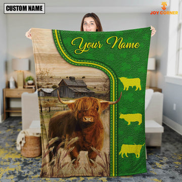 Joycorners Highland Cattle Green Farming Blanket Custom Name