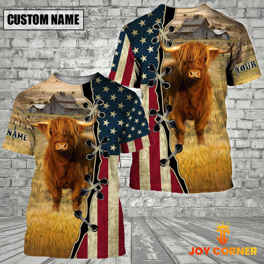 Joycorners Custom Name Highland Cattle American Flag 3D Shirt