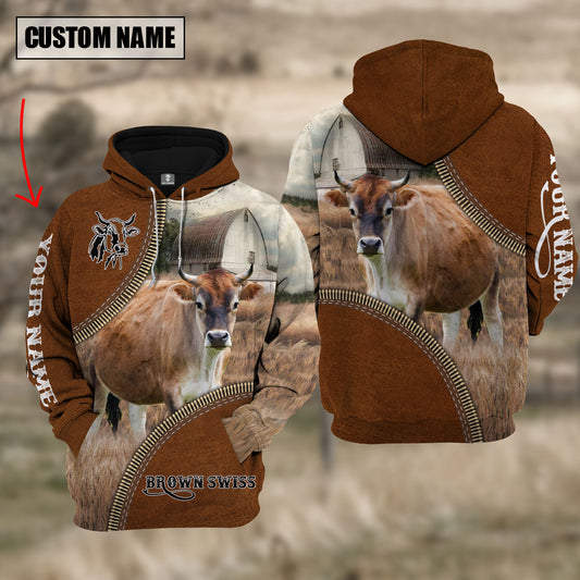 Joycorners Custom Name Brown Swiss Cattle Leather Zipper  3D Hoodie