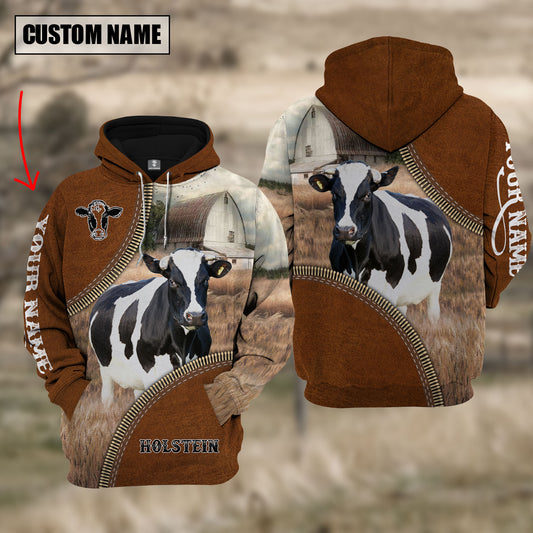 Joycorners Custom Name Holstein Cattle Leather Zipper  3D Hoodie