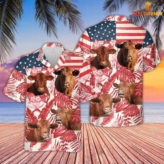 Joycorners Red Angus Red Floral US Flag 3D Hawaiian Shirt