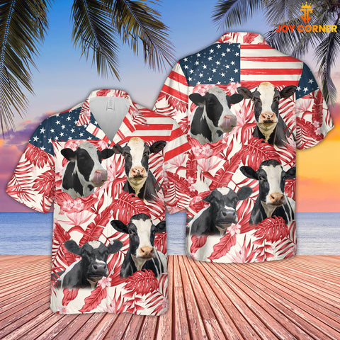 Joycorners Holstein Red Floral US Flag 3D Hawaiian Shirt