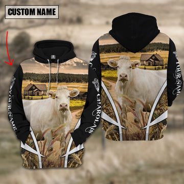 Joycorners Charolais No Horns Custom Name Meadow Pattern Black Hoodie