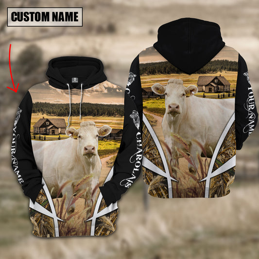 Joycorners Charolais No Horns Custom Name Meadow Pattern Black Hoodie